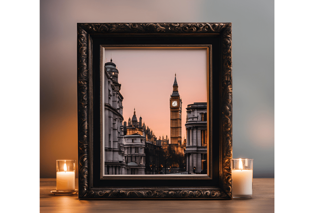 ritual: foto de londres en marco con vela iluminada.