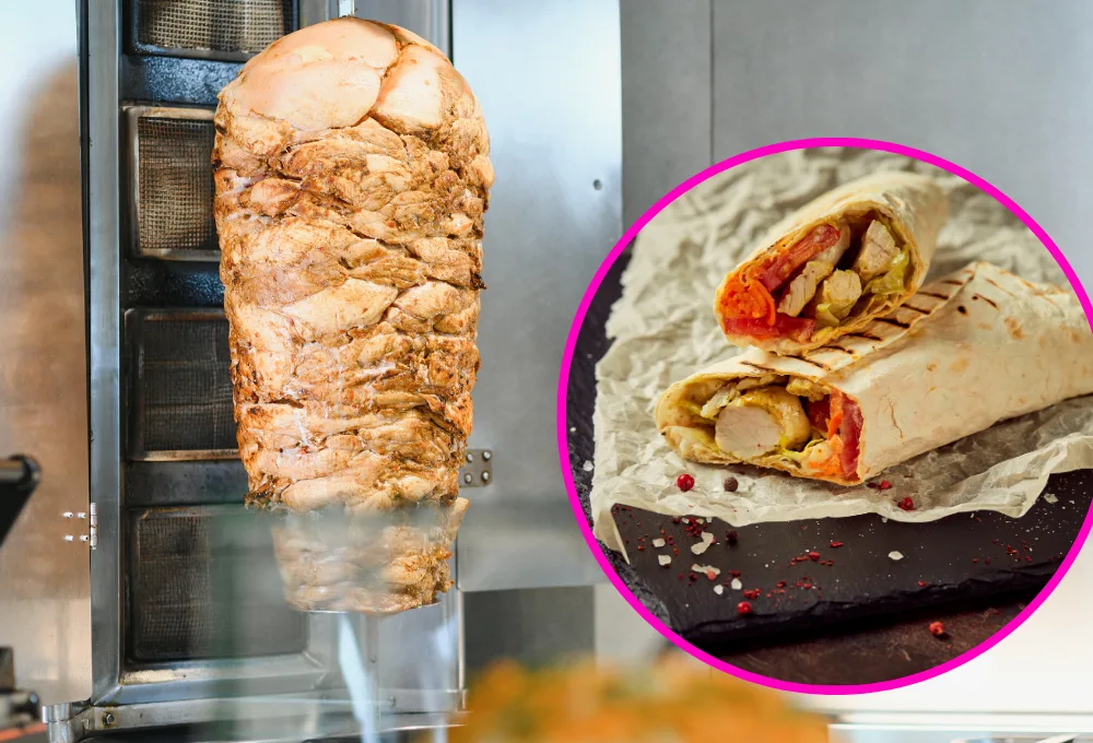 Shawarma, técnica de asado vertical de carne de cordero servida en pan pita.