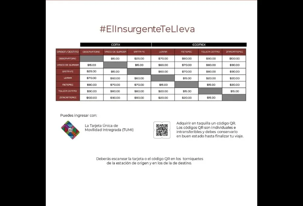 Tarifas del Tren El Insurgente 2026