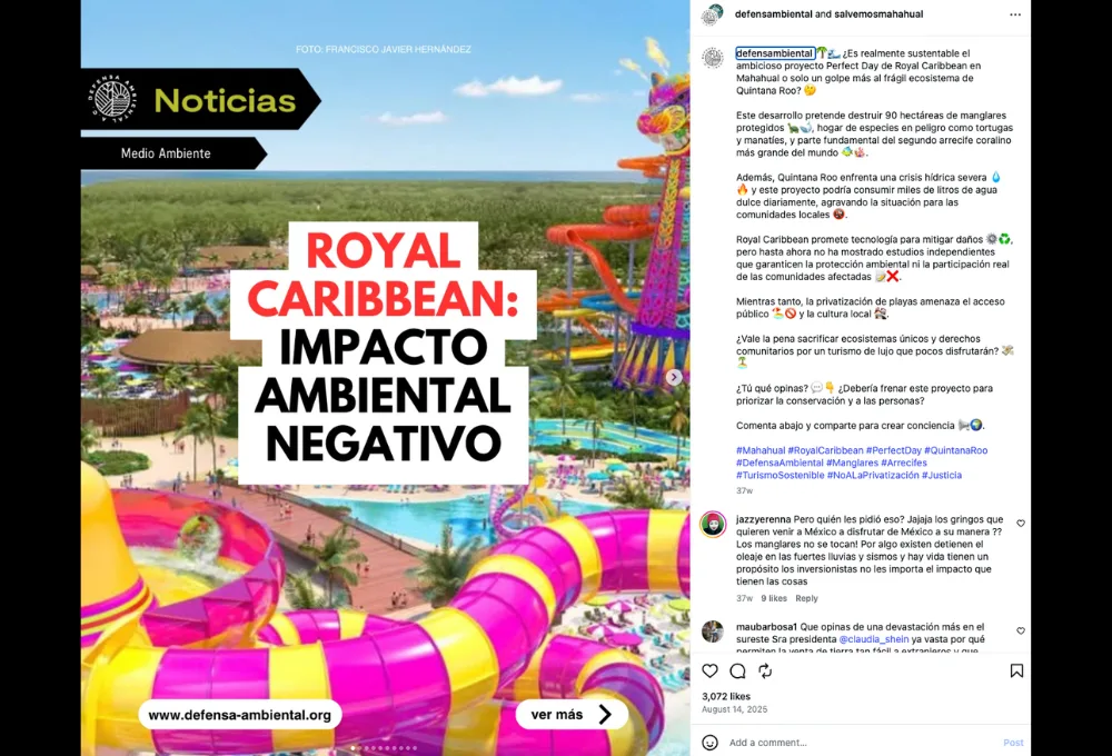 Posteo de @defensaambiental por caso Mahahual y construcción Perfect Day de Royal Caribbean.