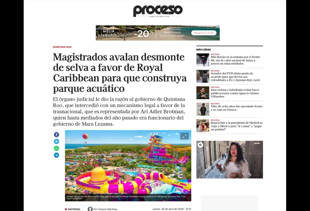 Artículo revista Paroceso por lucha Mahahuala ante polémico megaproyecto de Royal Caribbean